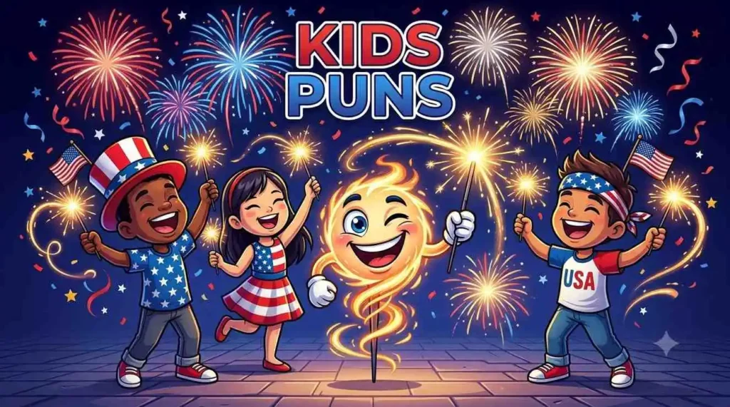 Kids enjoying fireworks with funny expressions