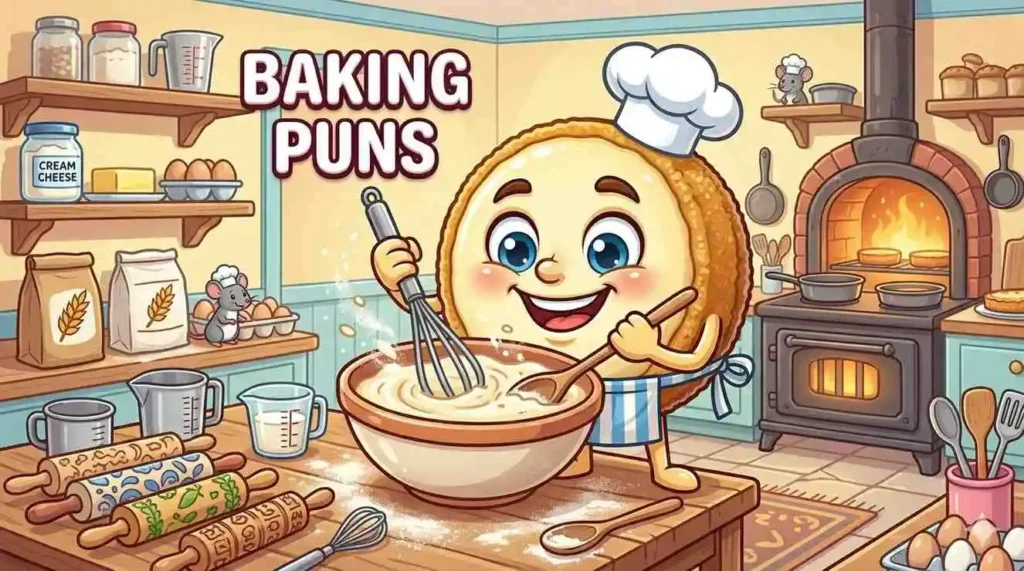 Cartoon cheesecake baking in kitchen