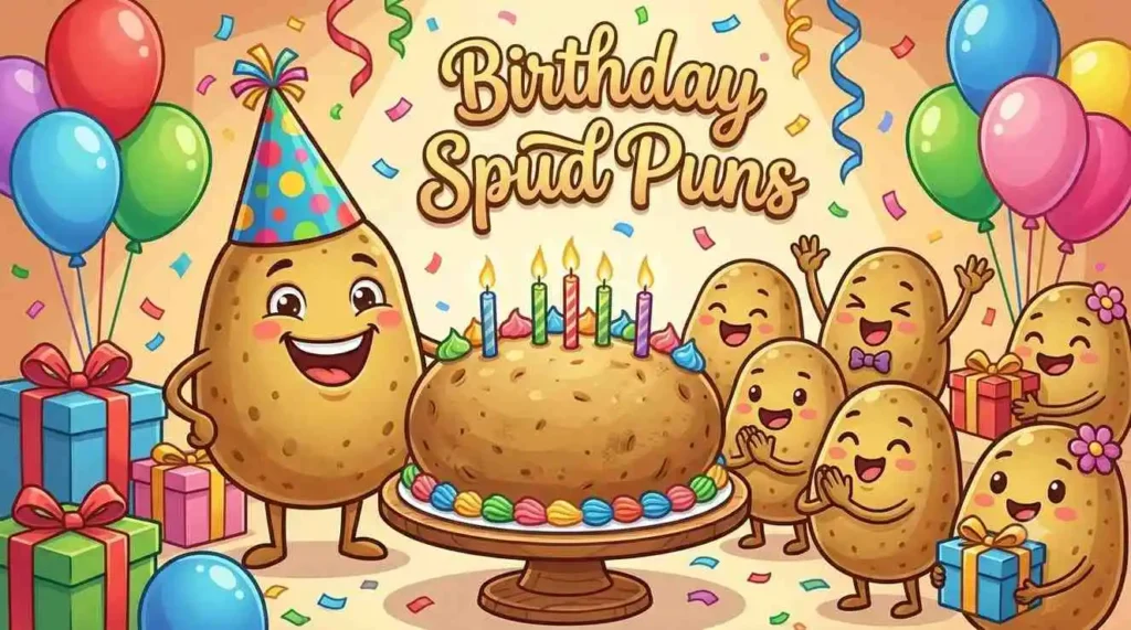 Happy potato celebrating birthday party
