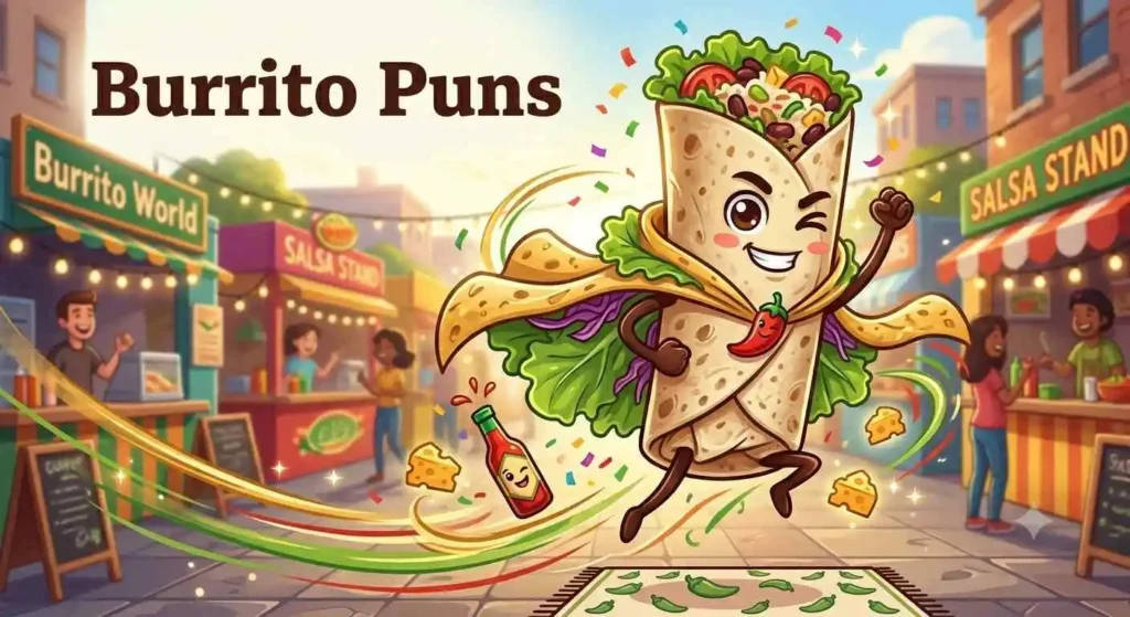Cartoon burrito character acting like a superhero wrapped tightly.