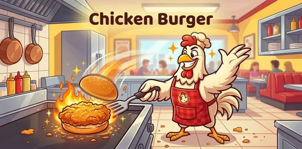 Cartoon chicken burger chef cooking
