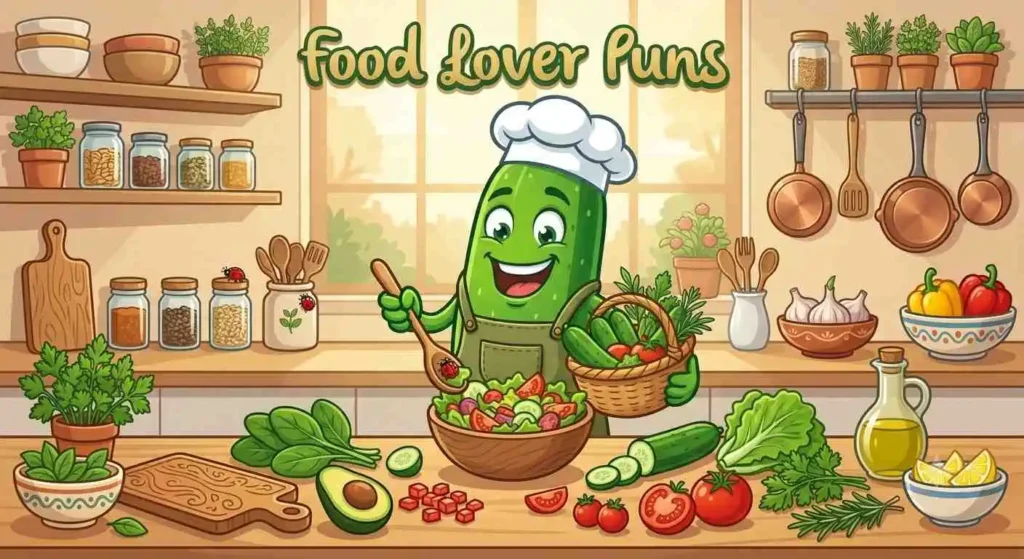 Happy cucumber chef making salad
