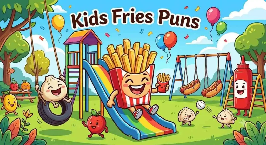 Cartoon fries playing at playground