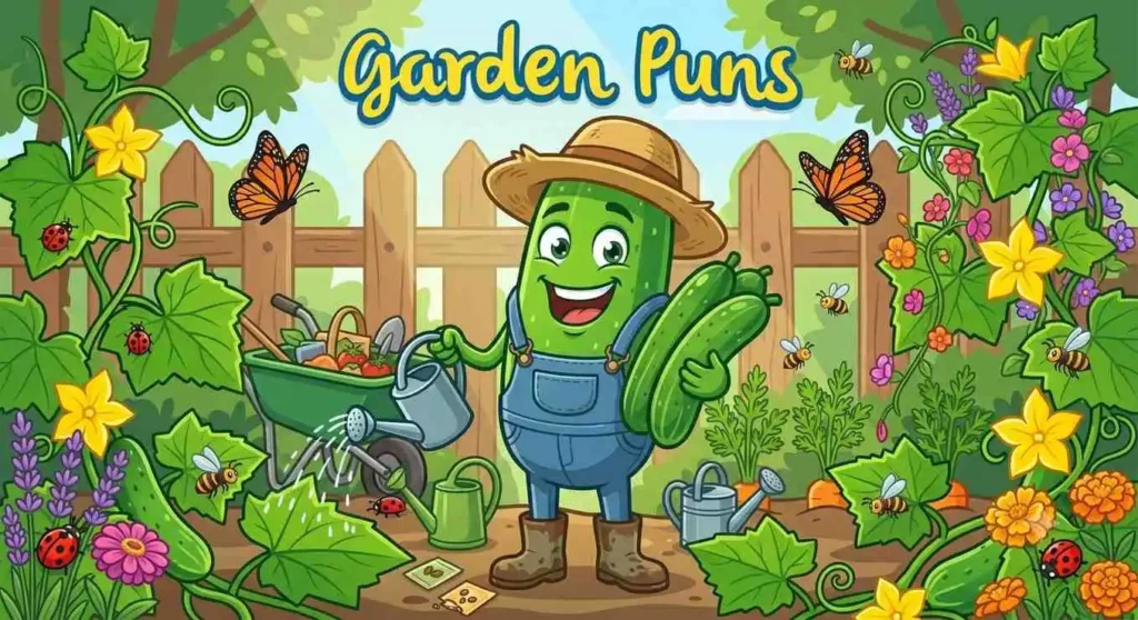 Cartoon cucumber gardening happily outside