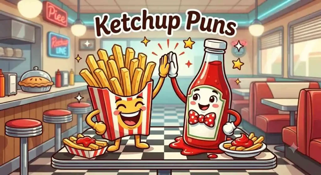 Cartoon fries hugging ketchup bottle