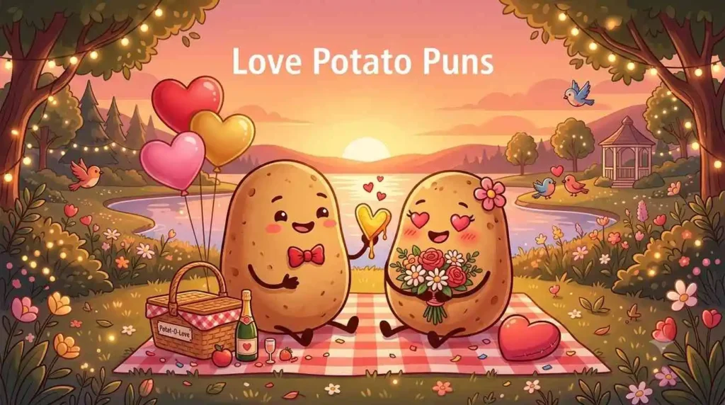 Cute potato couple holding hearts