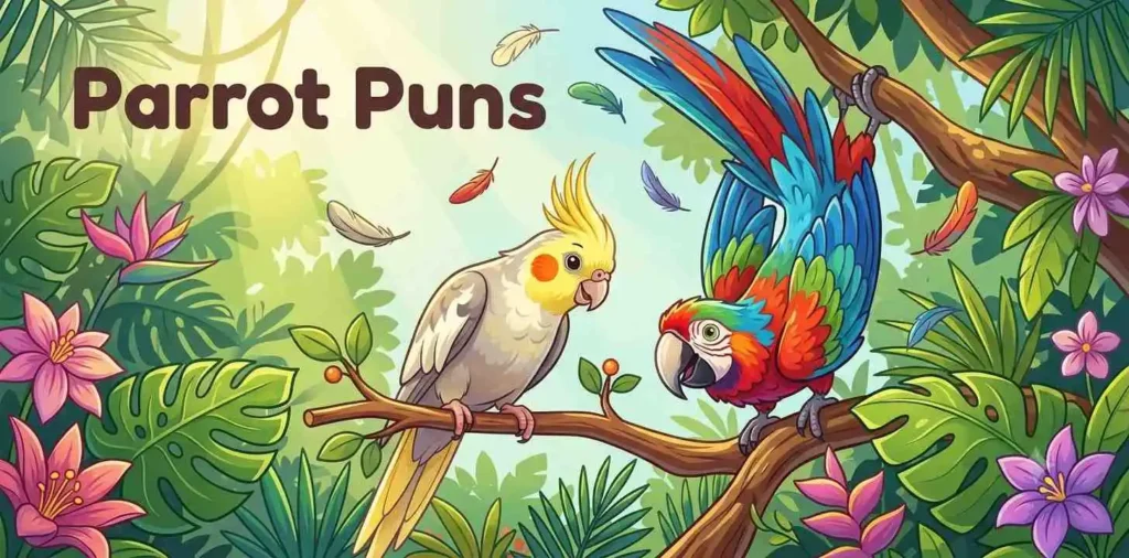 Colorful birds in playful tropical scene