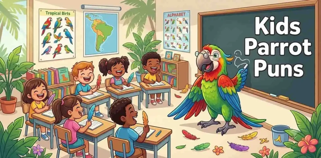Parrot teaching kids in classroom