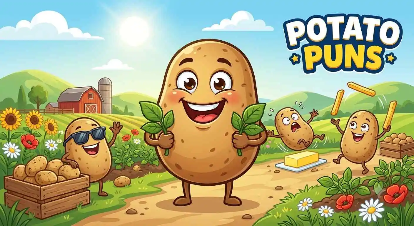 Smiling potato characters laughing