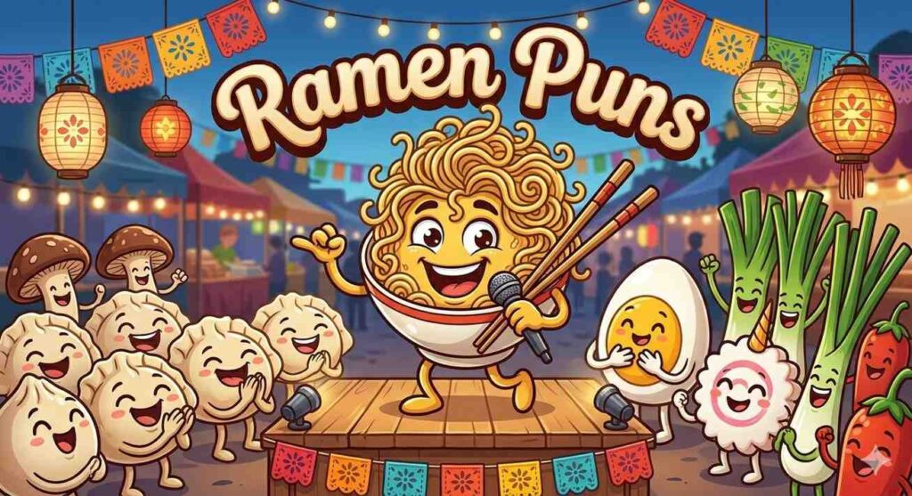 Cute ramen bowl telling jokes