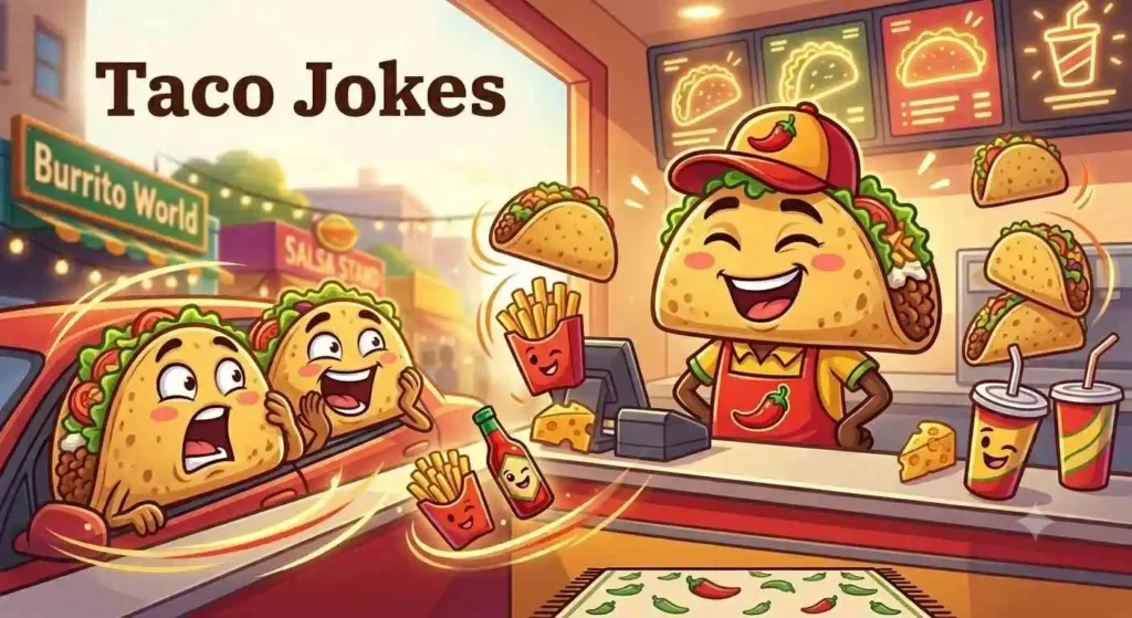 Funny taco characters at a drive-thru window laughing together.