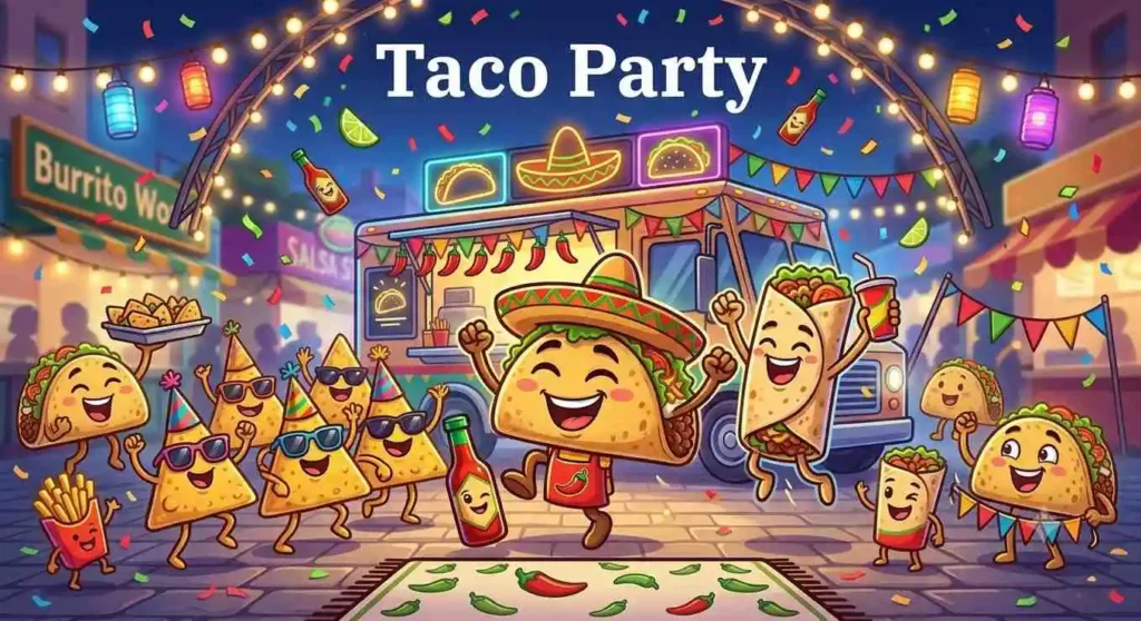 Taco and burrito characters celebrating at a colorful party.