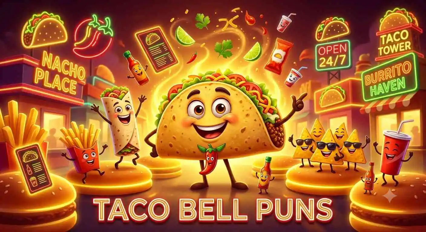 Colorful taco and burrito mascots celebrating fast food humor.