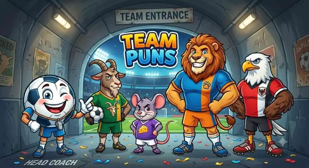 Funny team mascots with soccer ball