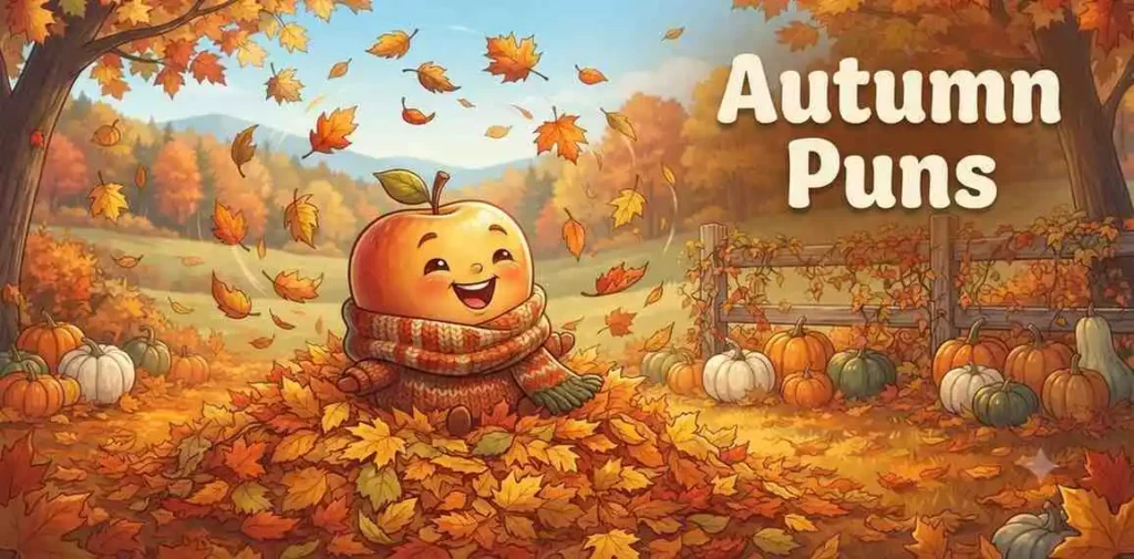 Cute apple enjoying autumn leaves