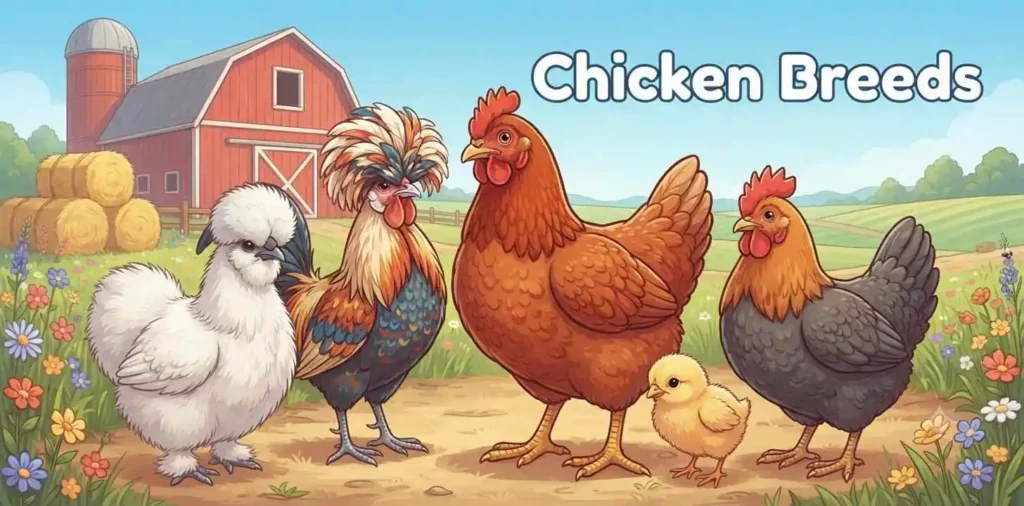 Colorful chickens on farm