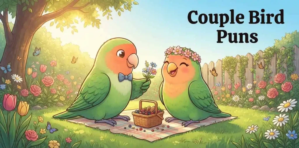 Happy birds sharing flowers