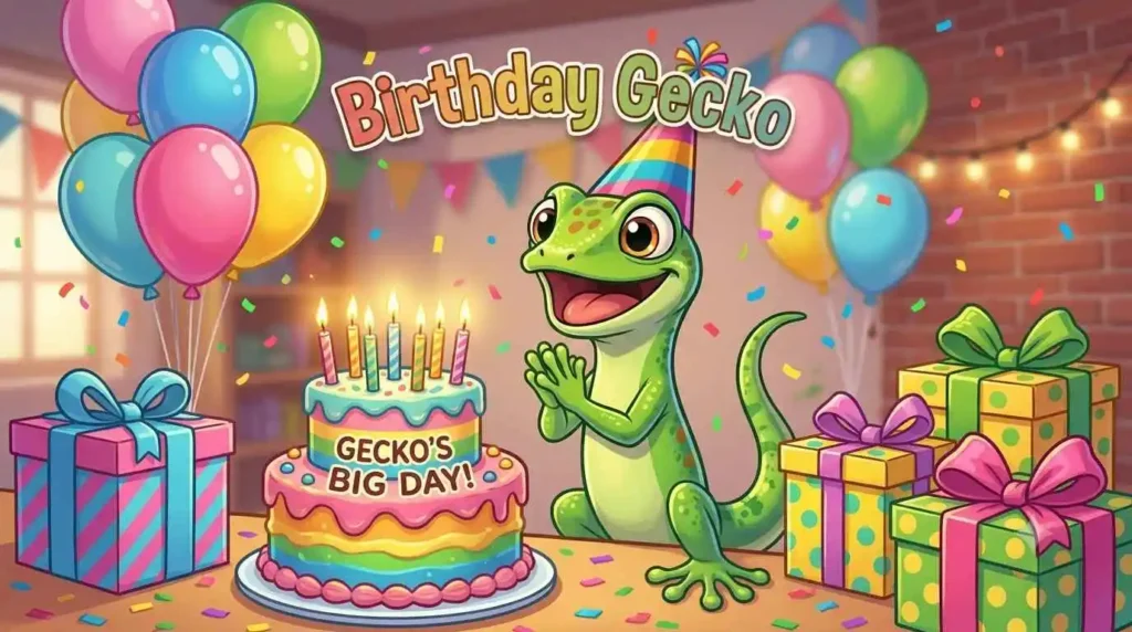 Gecko celebrating birthday with cake