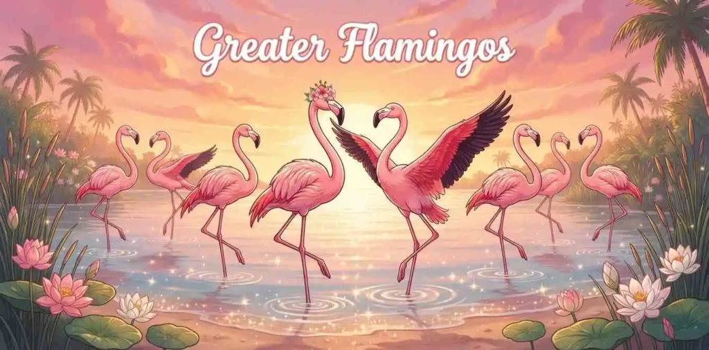 Elegant greater flamingo friends