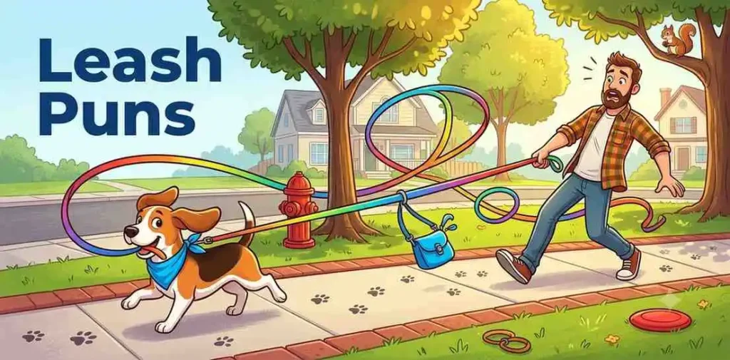 Funny dog walking with colorful leash
