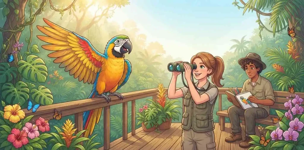 Macaw with birdwatcher friends