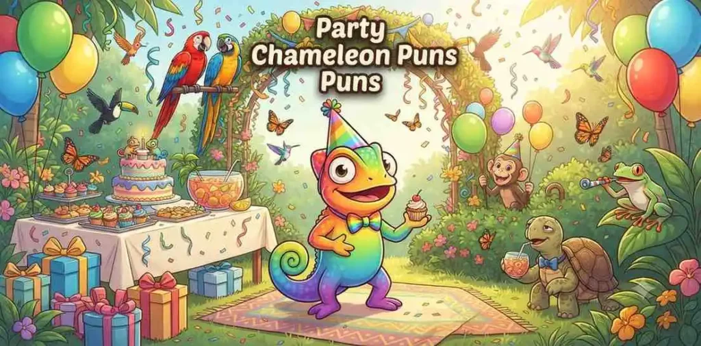 Happy party chameleon mascot
