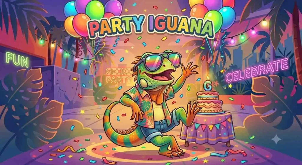 Iguana celebrating with balloons