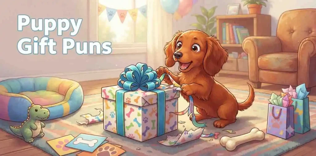 Cute puppy opening birthday gift