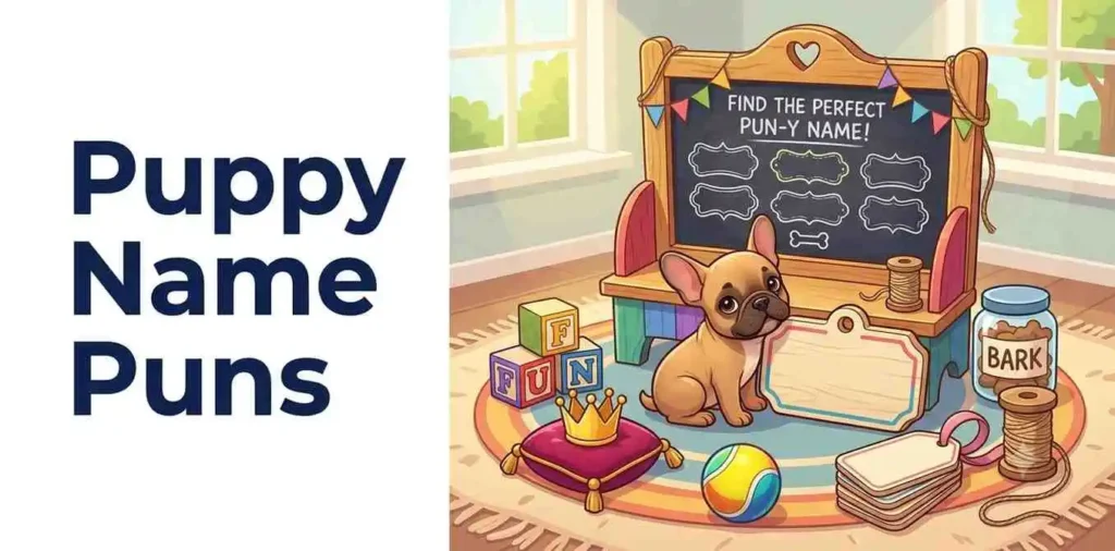 Cute puppy choosing a funny name