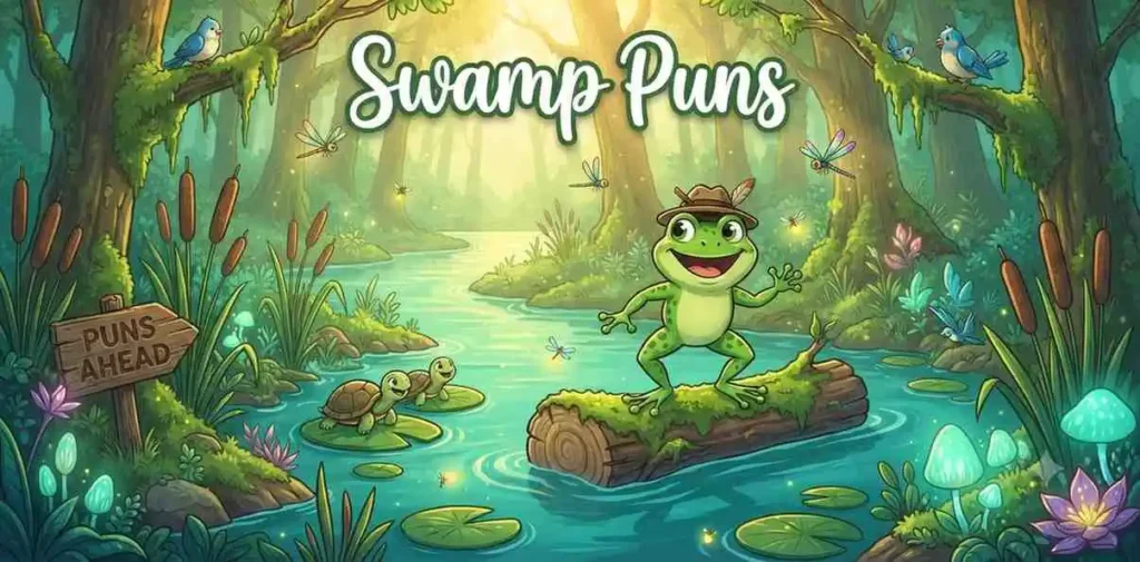 Frog exploring green swamp