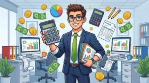 Funny accountant holding calculator