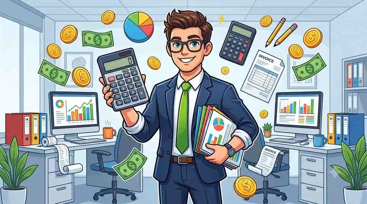 Funny accountant holding calculator