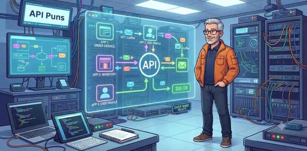 Developer connecting software APIs