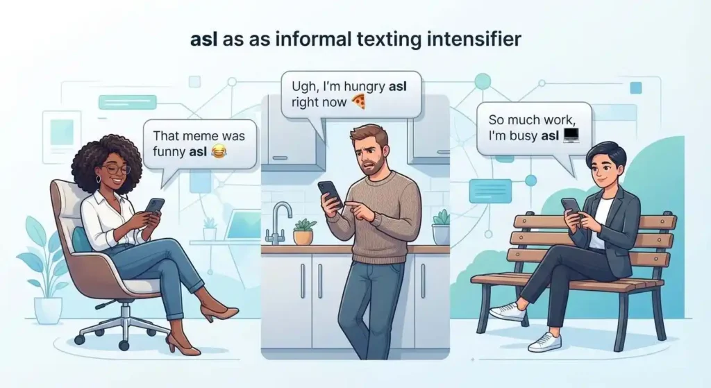 Examples of “asl” following adjectives in casual text messages such as “funny asl” and “busy asl.”