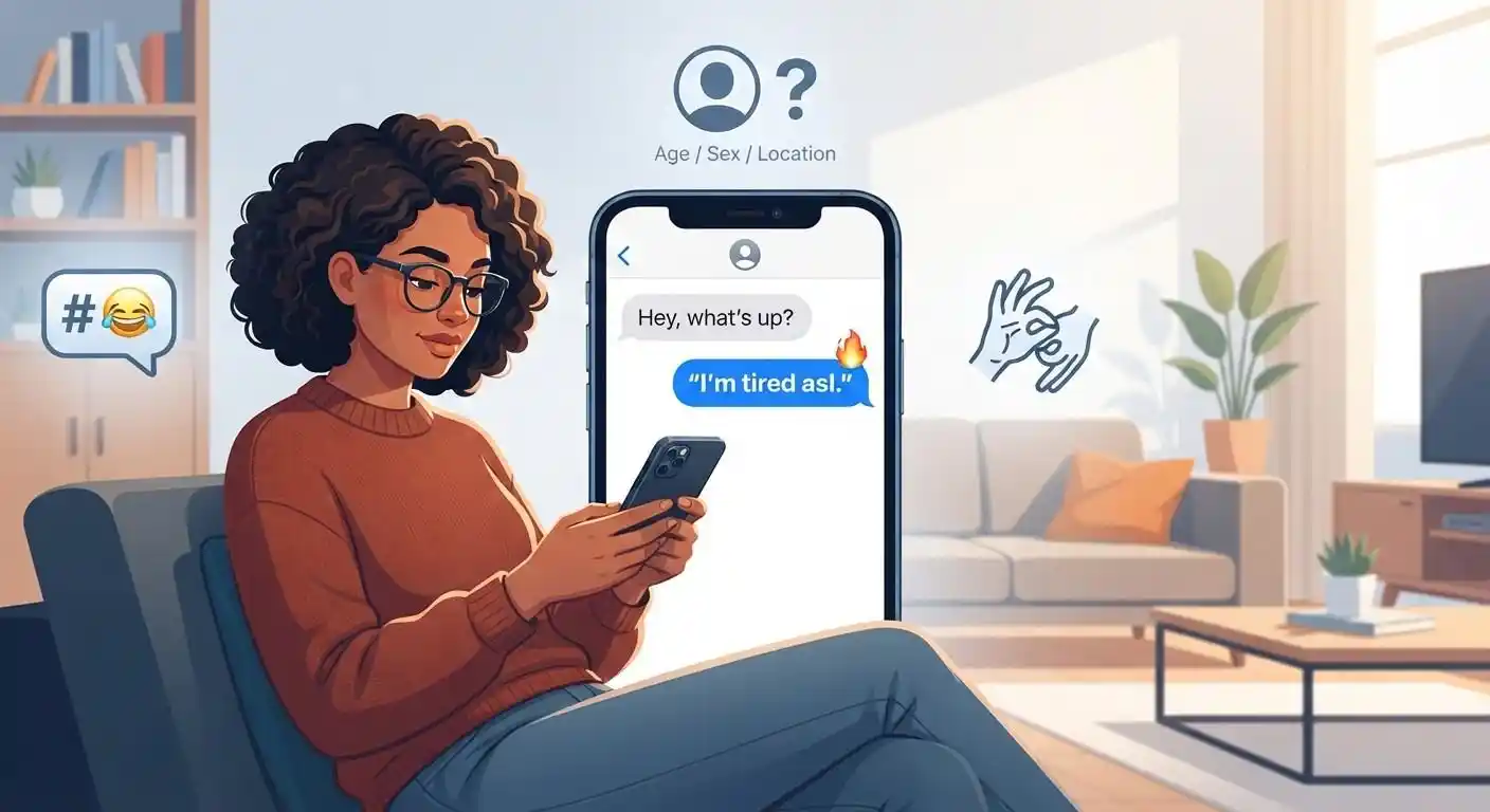 Adult texting “I’m tired asl” on a smartphone to illustrate the modern slang meaning of ASL.