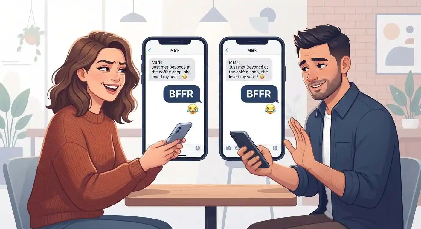 Two friends reacting to an exaggerated message with BFFR slang