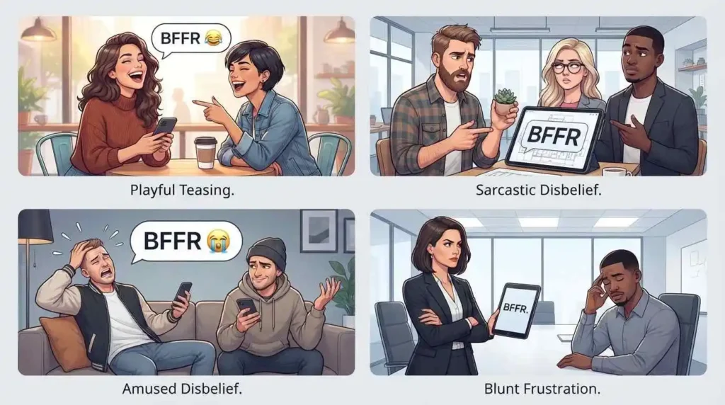 Different examples showing playful, sarcastic, and serious uses of BFFR