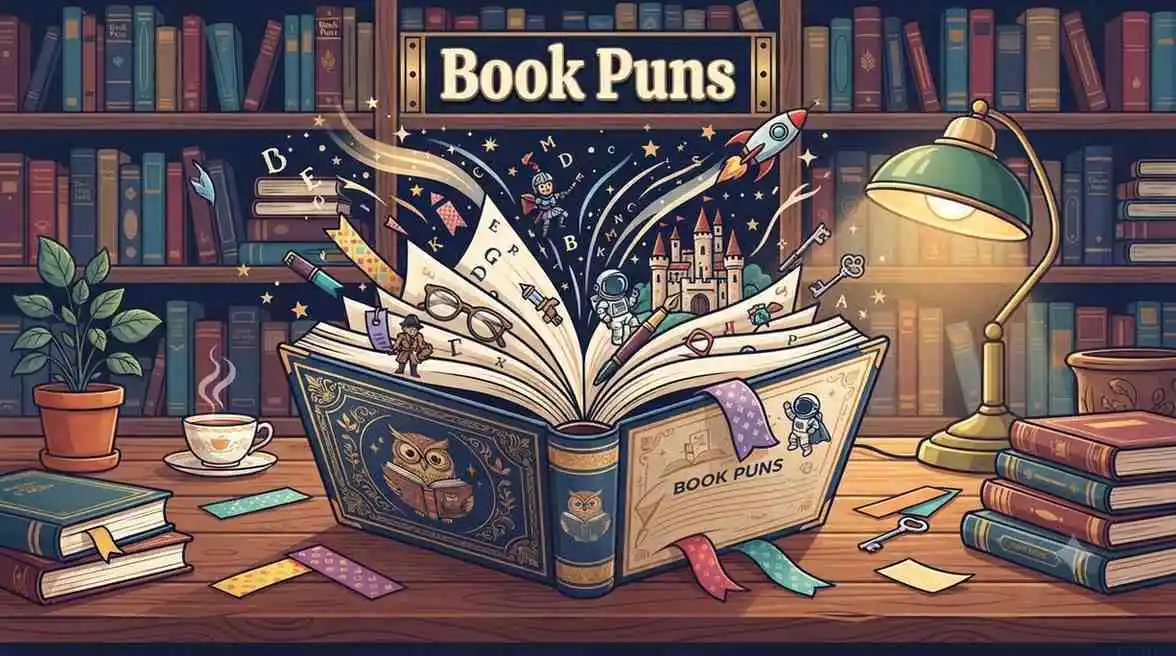 Funny book surrounded by stories