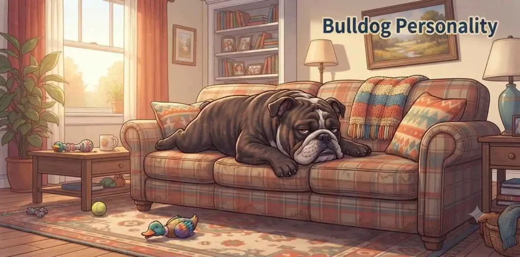 Stubborn bulldog relaxing indoors