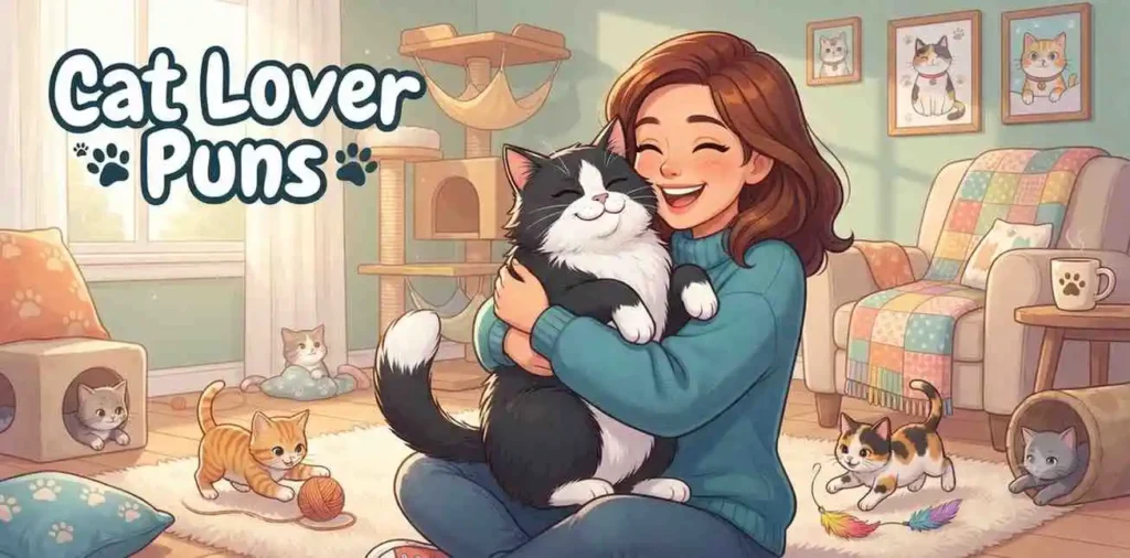 Happy cat lover hugging cat