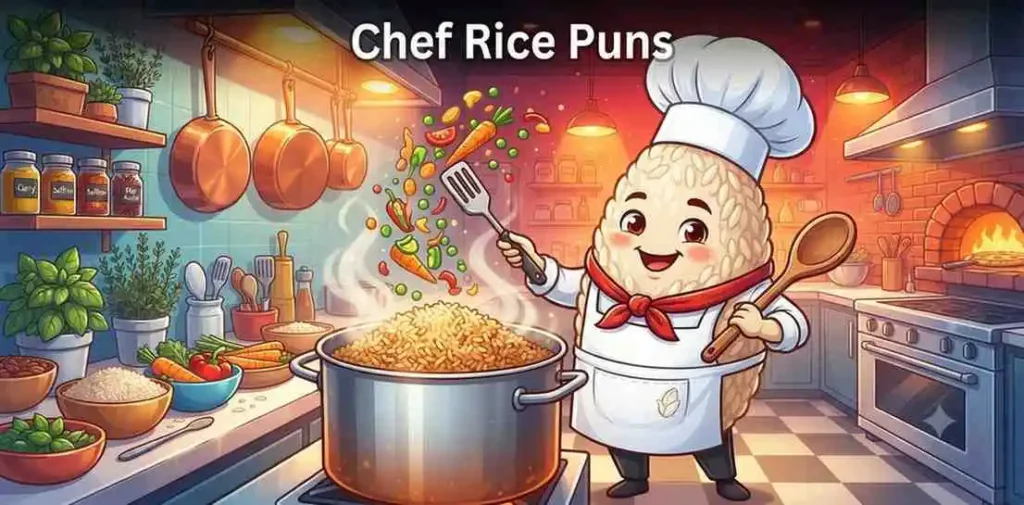 Funny chef rice cooking happily