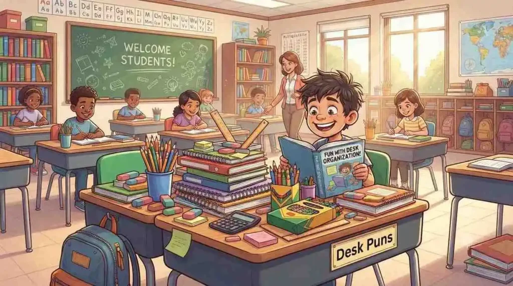 Funny student desk covered supplies