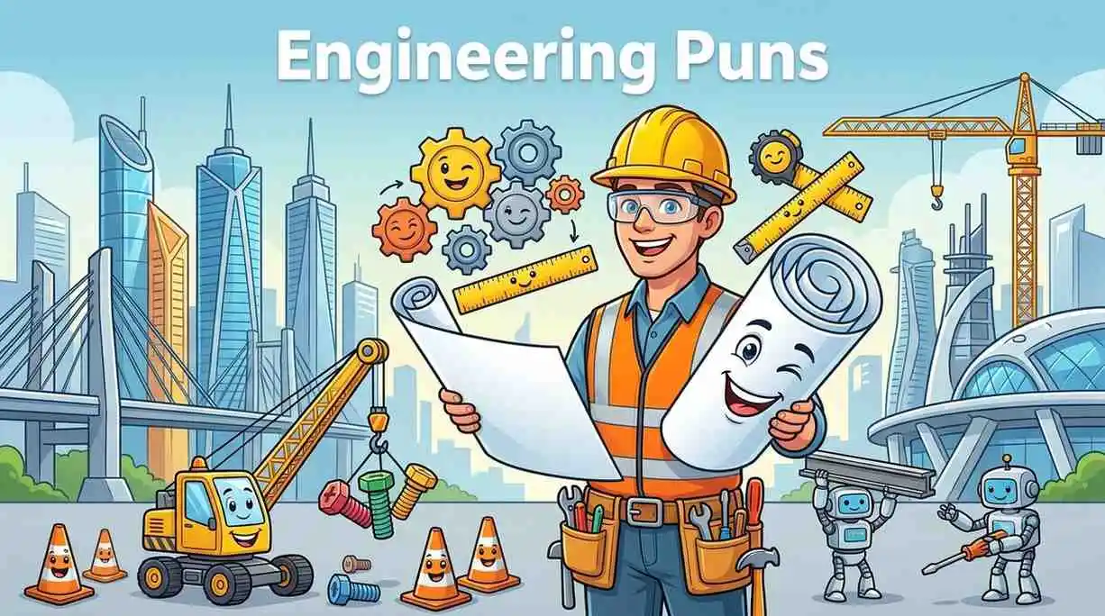 Funny engineer with blueprint smiling