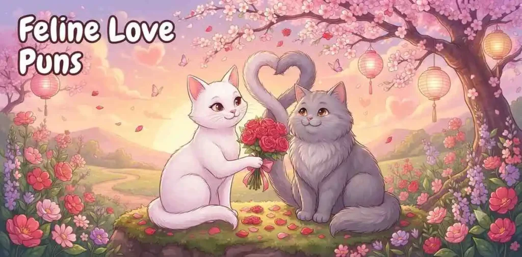 Romantic cats sharing flowers