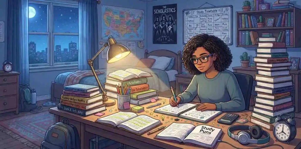 Student studying with books