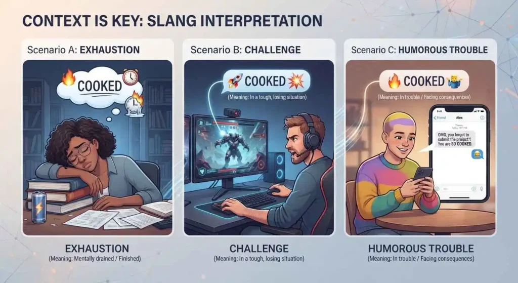 Three adults showing different meanings of the slang term cooked in exam, gaming, and everyday situations