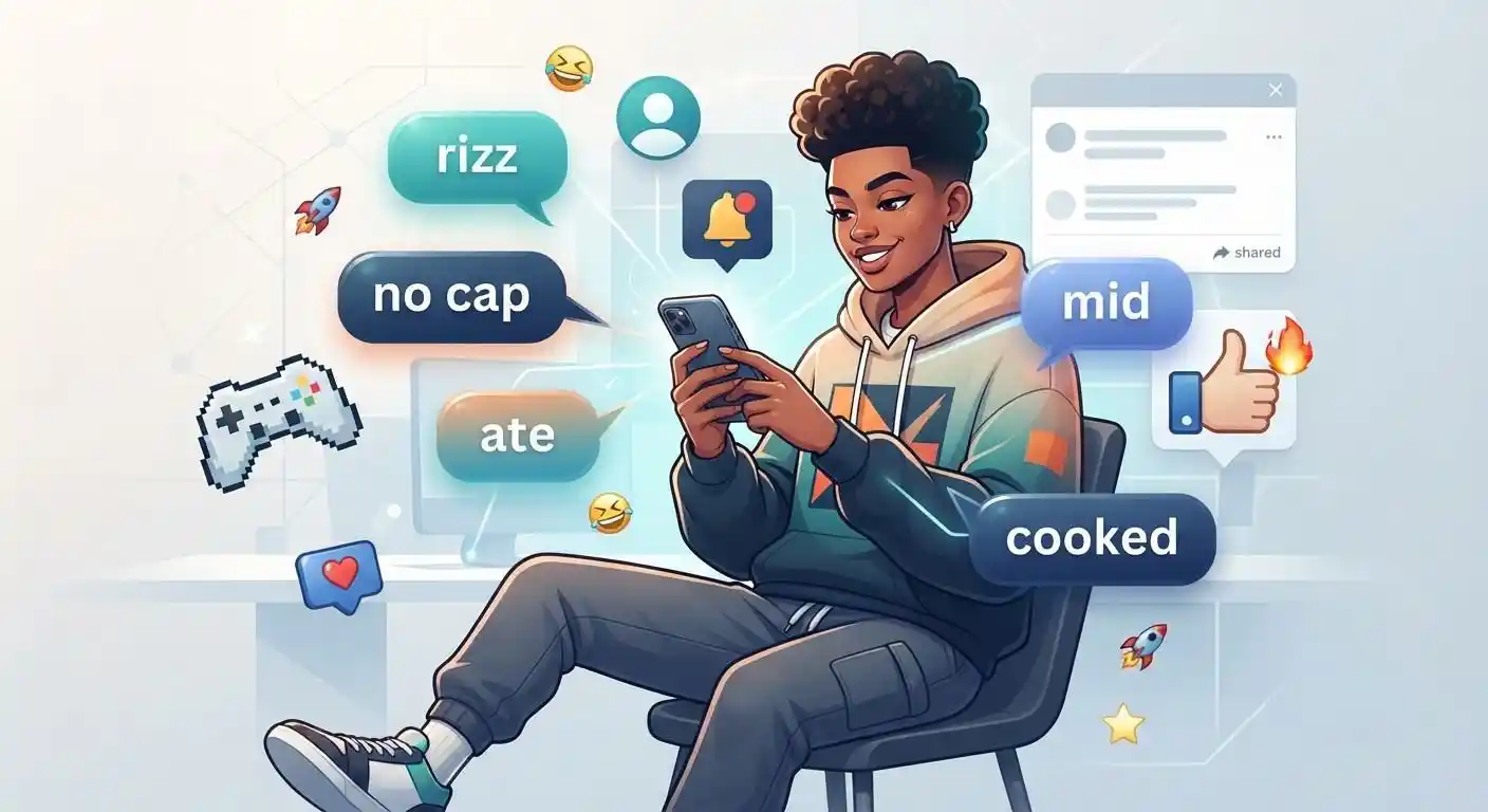 Young adult using a smartphone surrounded by examples of Gen Z slang and digital communication symbols