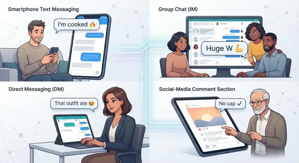 Adult characters using Gen Z slang across text messages, DMs, group chats, and social media
