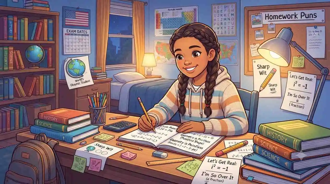 Student finishing homework happily