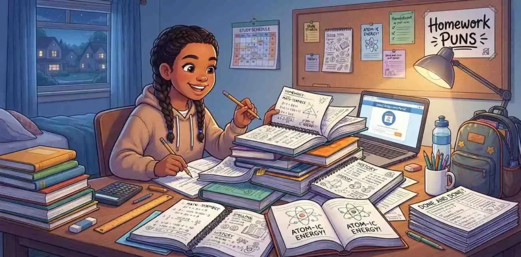 Student finishing homework at desk